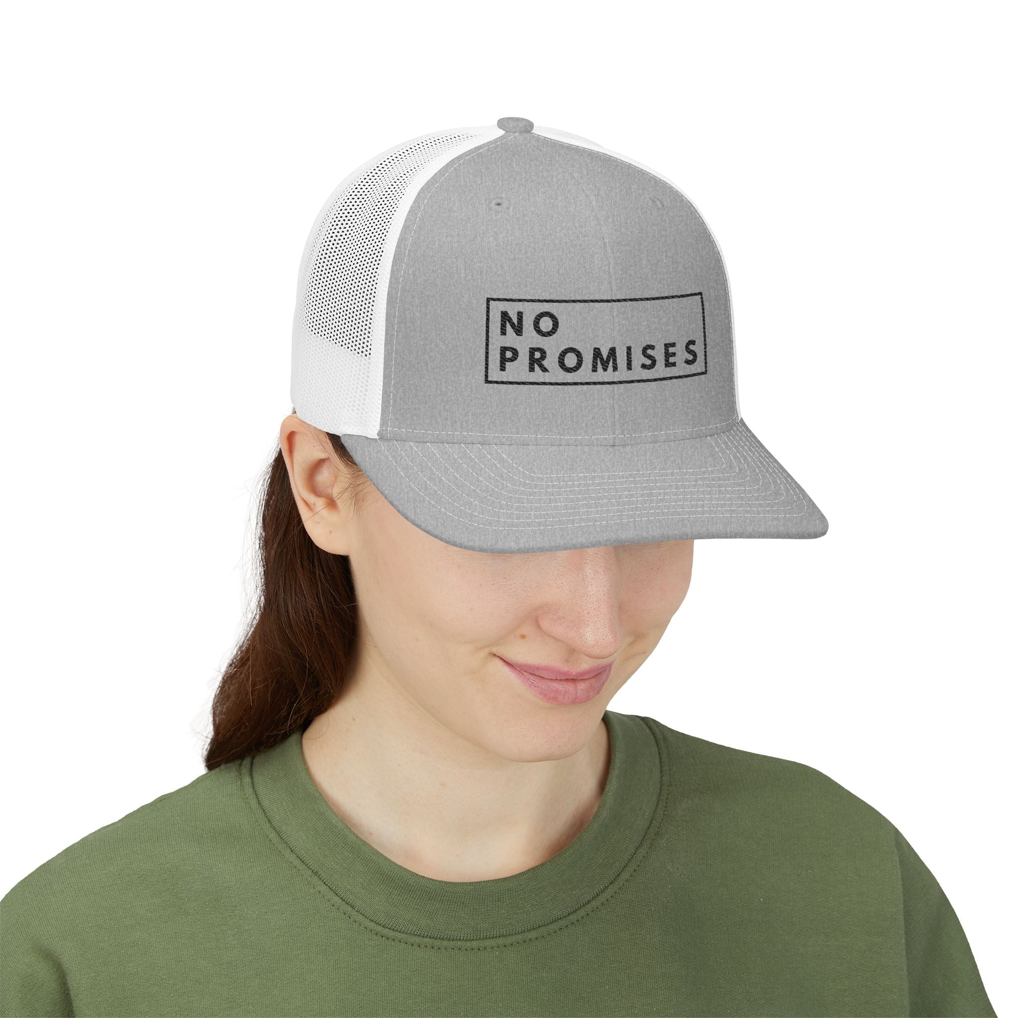 No Promises Snapback Trucker Cap- Black threads